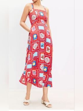 Loft Midi Red Linen Blend Food Print Summer Dress